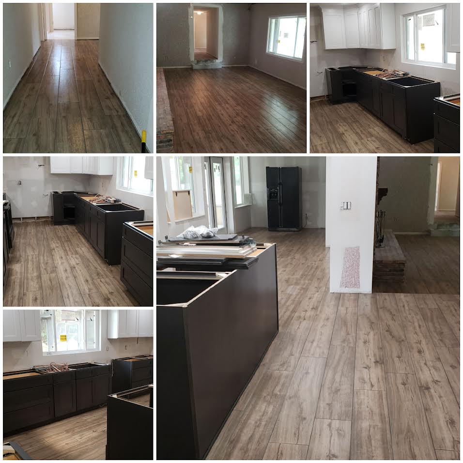 Collage of photos of new flooring installed in a new construction home. They used a professional cleaner in Kissimmee to clean up after the construction.